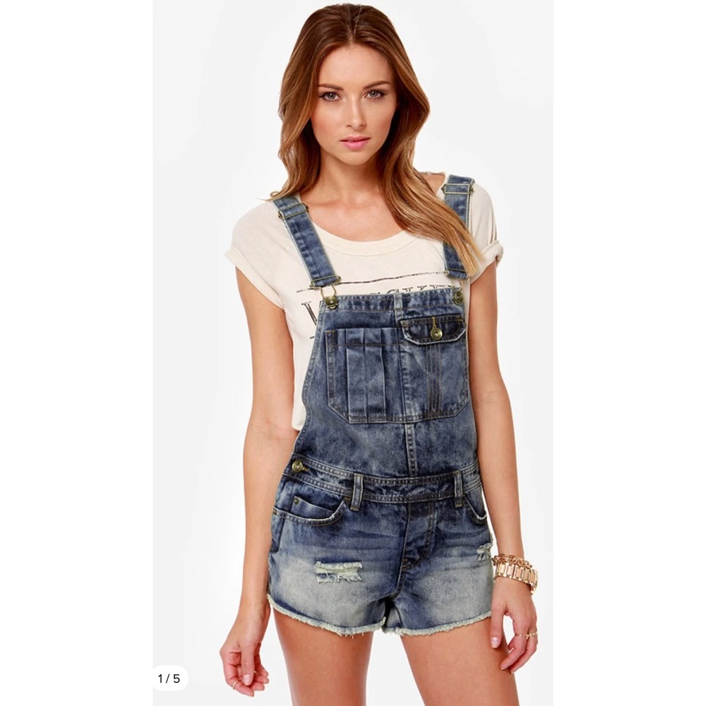 Billabong Womens Acid Wash Distressed Denim Shortalls Overalls Shorts Distressed